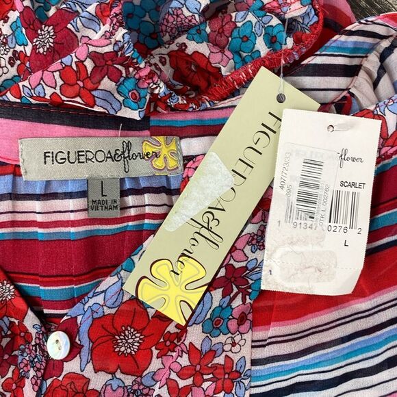 Anthropologie Figuroa & Flowers Floral & Stripes Long Sleeve Tie Waist Top New L - Picture 4 of 5